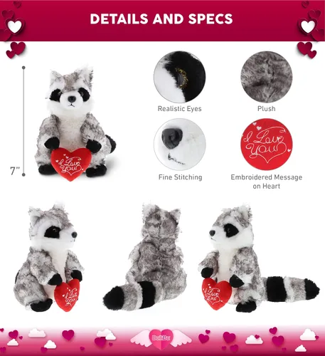Vista 2 de DolliBu Mapache de peluche con texto en inglés "I Love You", bonito animal de peluche con corazón rojo y nombre, regalo personalizado para el día