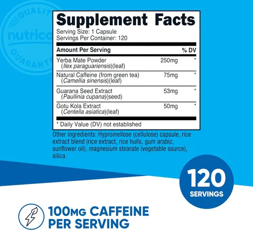 Vista 2 de Nutricost Natural Energy Pills Complex 120 cápsulas, sin gluten, sin OMG 100mg de cafeína, con guaraná, gotu kola y yerba mate