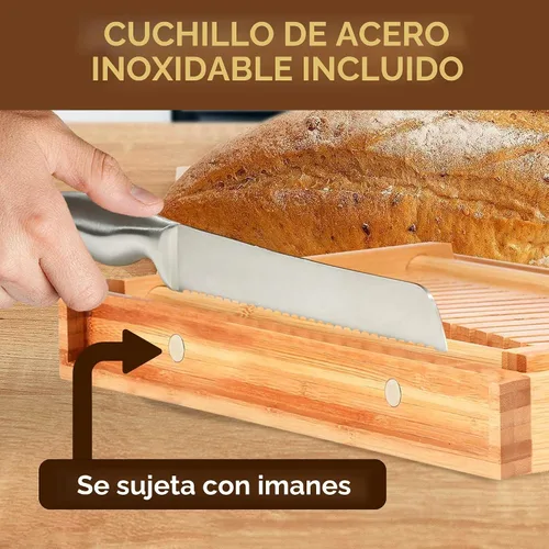 Vista 4 de Bambüsi Cortador de pan de bambú con cuchillo, grosor de 3 rebanadas, guía de corte compacta plegable con bandeja para migas, cuchillo de pan