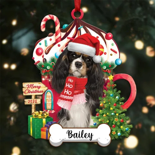 Vista 5 de Akita1 - Adorno personalizado para perro, adorno de perro con nombre personalizado, plano impreso en 2D, acrílico colgante, Papá Noel y perro