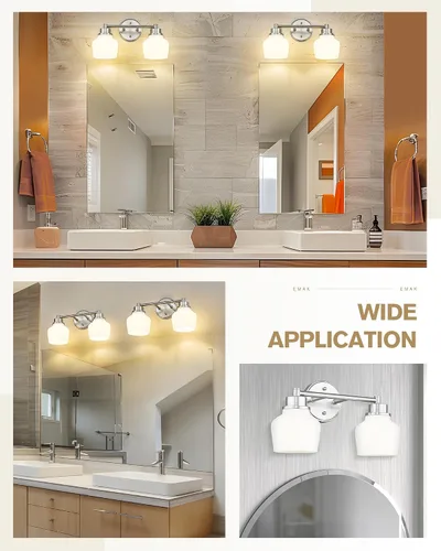 Vista 5 de Luminarias de baño Emak de níquel cepillado, luz de tocador de baño de 2 luces con pantalla de vidrio esmerilado, luces de tocador modernas