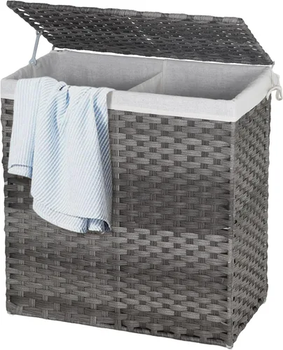 Vista 10 de Cesta de ropa con tapa, cesta de lavandería de 90 litros con tapa, cestas grandes para lavandería con 2 bolsas extraíbles con forro, cesta de Marrón