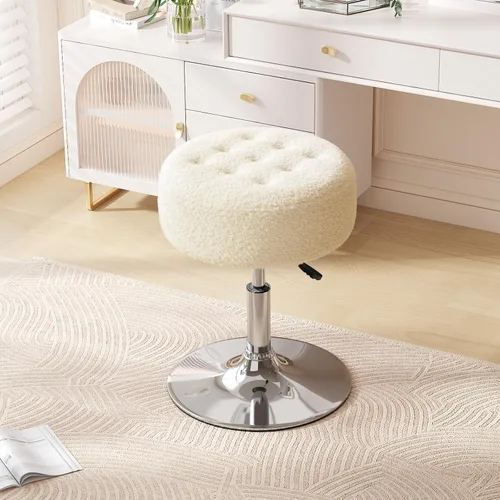 Vista 15 de Furniliving Taburete Otomano de Maquillaje de Terciopelo Acolchado de Mediados de Siglo, Silla Taburete de Tocador Giratoria Redonda Ajustable