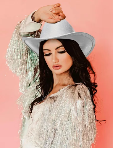 Vista 6 de Mealah Sombrero de vaquero holográfico brillante del oeste para mujer, sombrero de vaquera disco para boda, fiesta de disfraces musicales