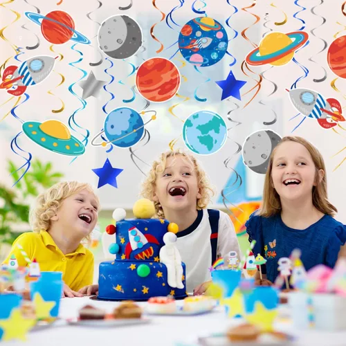 Vista 4 de 30 decoraciones de fiesta espacial, decoraciones de remolinos colgantes del sistema solar, suministros de fiesta del espacio exterior, decoraciones