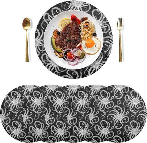 Vista 3 de White Gray Octopus Black Round Placemat, Non Slip Dinner Placemats Washable for Kitchen Table (one Sizex1)