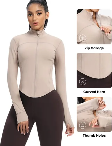 Vista 93 de AVGO Chaquetas de entrenamiento recortadas para mujer, con cremallera, ajustadas, atléticas, con agujeros para el pulgar