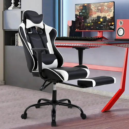 Vista 10 de Silla para videojuegos, silla reclinable de piel sintética con soporte lumbar, reposacabezas y respaldo alto, silla de oficina de carreras, silla