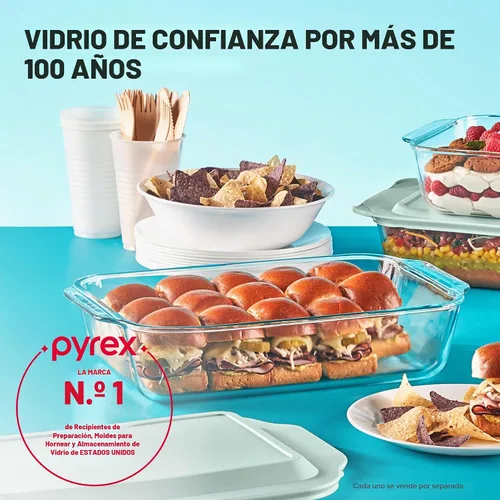 Vista 5 de [Usado] Pyrex Plato para hornear de vidrio profundo con tapa de plástico, cazuela profunda, recipiente de alimentos de vidrio, apto para horno