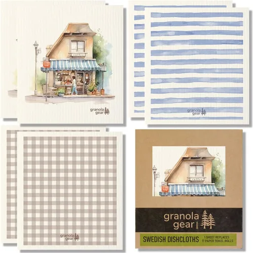 Vista 13 de Paquete de 6 paños suecos para cocina, hechos en Suecia, toallas de papel reutilizables, paños de esponja lavables, algodón de celulosa Seaglass