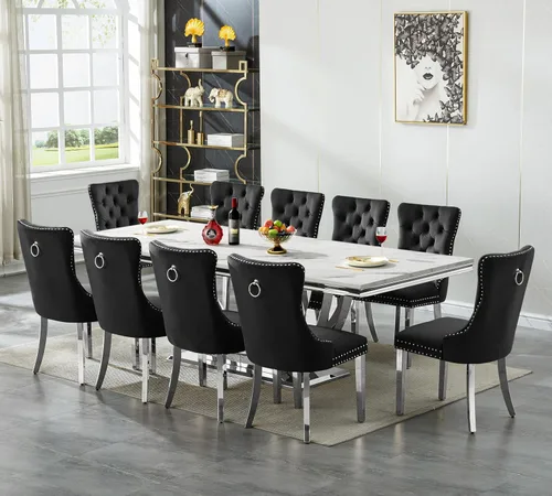 Vista 17 de SSLine Juego de mesa de comedor de mármol sintético blanco de 68 pulgadas