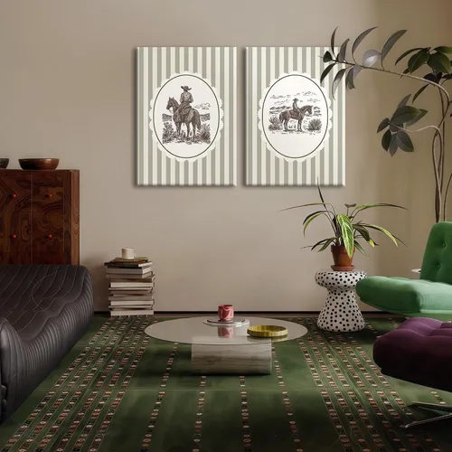 Vista 7 de 2 piezas de arte de pared de vaquero occidental, cuadros de decoración de pared de vaqueros a rayas sobre caballos, impresiones de pósters de lienzo