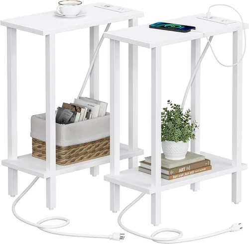 Vista 21 de TUTOTAK - Mesa auxiliar pequeña con estación de carga; mesa lateral estrecha con puertos USB y tomas de corriente; mesa de sofá delgada; mesita