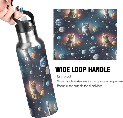 Vista 4 de Stainless Steel Vacuum Insulated Water Bottle 20 Oz, Leakproof Water Bottles for Gym Outdoor Travel School, Cute Cats Space