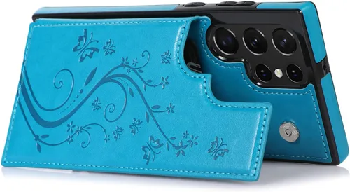Vista 6 de Asuwish Funda para Samsung Galaxy S22 Ultra con protector de pantalla de vidrio templado, funda de cuero con soporte para tarjetas, doble cierre Azul
