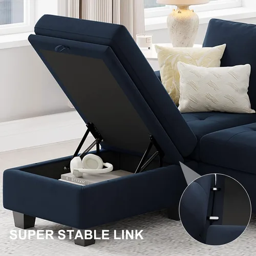 Vista 4 de Belffin Otomana rectangular de terciopelo con almacenamiento, diseño copetudo, color azul