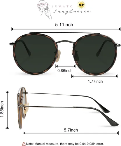 Vista 2 de Sumato Lentes de sol redondos retro de doble puente para mujeres y hombres, doble vigas circulares UV400 Sunnies Tortoise con lente verde, Tortuga