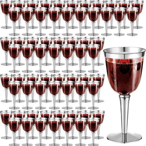 Vista 9 de Paquete de 100 copas de vino de plástico desechables con borde a granel de 8 onzas, elegantes copas de vino con tallo largo, copas de vino Dorado