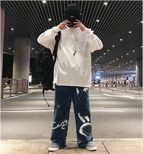 Vista 4 de Y2K Jeans - Pantalones de mezclilla para hombre, estilo hip hop, vintage, grafiti, dibujos animados, anime, pantalones de mezclilla góticos, rectos