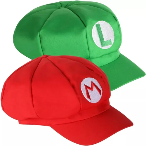Vista 2 de Disfraz de Mary y Luigi para adultos, niños, sombreros rojos y verdes de Super Bros, bigote, guantes, calcetines, vestido azul, accesorios