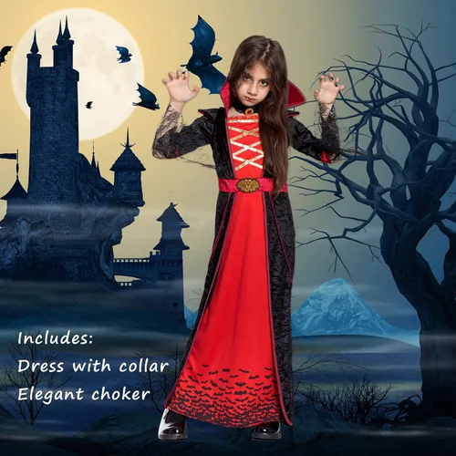 Vista 2 de Disfraz de vampiro real para niñas, disfraz gótico de Halloween, fiesta temática de vampiro, juego de rol