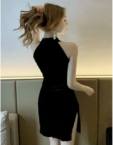 Vista 3 de Las mujeres chinas Cheongsam vestido ahueca hacia fuera sexy mini delgado lado Split soporte cuello ojo ojo negro bordado Qipao Bodycon