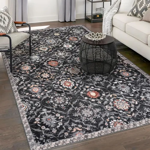 Vista 16 de KILOCOCO Alfombra marroquí pequeña, de 2 x 3 pies, color negro/dorado, súper suave, lavable, para interiores, vintage, lavable, antideslizante