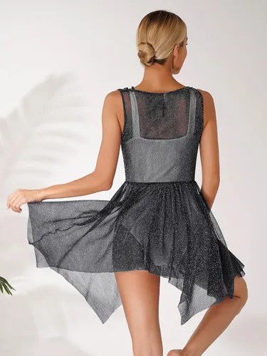 Vista 3 de Vestido de baile sin mangas con cuello drapeado y lentejuelas de malla para mujer, vestido de baile lírico