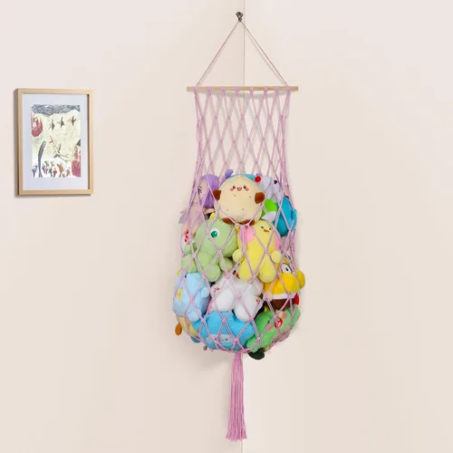 Vista 10 de Almacenamiento de Animales de Peluche de 68 Pulgadas, Hamaca Jumbo de Macramé para Animales de Peluche en Esquina, Hamaca Colgante de Pared y Techo