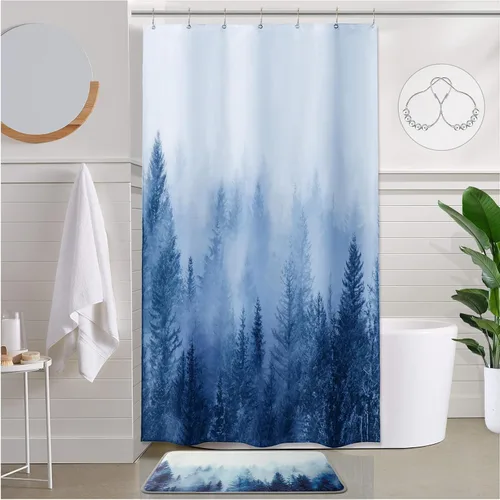 Vista 23 de ORTIGIA 36x72 Cortina de ducha de bosque nebuloso para baño pequeño, cortina de ducha estrecha de naturaleza y bosque en blanco y negro con ganchos