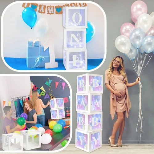 Vista 6 de Sratte Caja de globos con letras y números, cajas de bloques transparentes con luces LED para decoración de fiesta de ducha, cumpleaños, boda Blanco