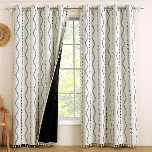 Vista 16 de Cortinas Boho ColorBird Beige Crema opacas, 2 paneles de 63 pulgadas de largo, tratamiento para ventanas con aislamiento térmico, estampado