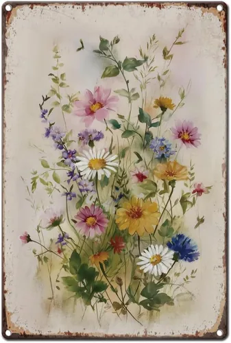 Vista 8 de Letrero de metal con flores vintage de 0.79 x 1.18 pulgadas, narcisos retro, tulipán, cubeta de hierro, póster de arte de pared para habitación