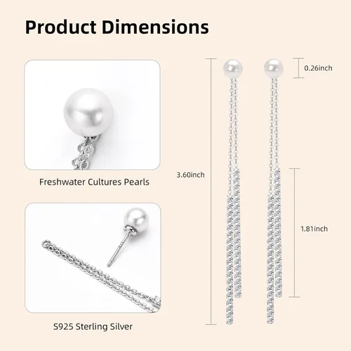 Vista 8 de Aretes colgantes de perlas para mujer, plata de ley 925, perlas de agua dulce, piedra natal de junio, aretes colgantes de perlas largas, regalos