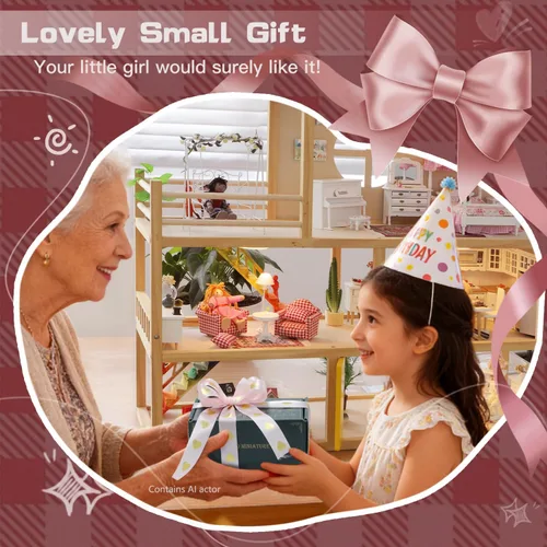 Vista 6 de iLAND Lindos juguetes para niñas de 6 a 8 años, encantadora decoración para casa de muñecas a escala 1/12, juego de sofás de gingham para casa