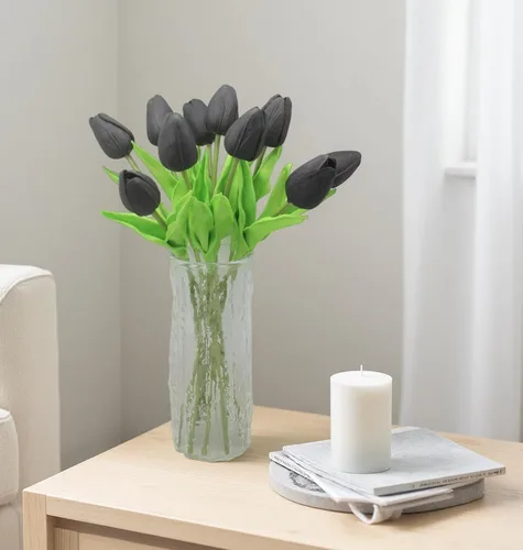 Vista 5 de Flores artificiales, 10 cabezas, mini tulipán artificial de tacto real para decoración del hogar, boda, fiesta, centro de mesa (negro)