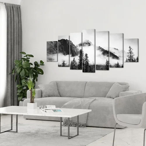 Vista 2 de NutArtPic 7 piezas de lienzo de bosque brumoso, arte de pared, diseño de montaña brumosa en blanco y negro, pintura enmarcada del parque nacional
