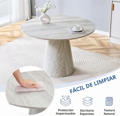 Vista 4 de Mesa de comedor redonda de 45 pulgadas, mesa de comedor redonda con pedestal para 4 One-Piece Round Tabletop, Faux Marble-Look, Stable Pedestal