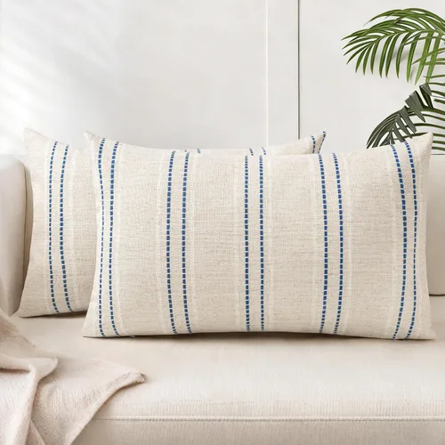 Vista 31 de AELS Fundas de Almohada Decorativas de Lino Estilo Granja de 16x16, Funda de Almohada con Textura Boho, Juego de 2, Beige con Rayas de Hilo Teñido