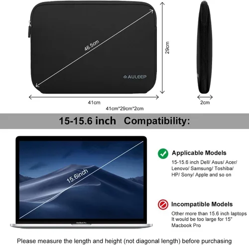 Vista 2 de AULEEP Fundas para laptop de 15 a 15.6 pulgadas, de neopreno, resistente al agua, funda delgada, bolsa de transporte duradera para computadora