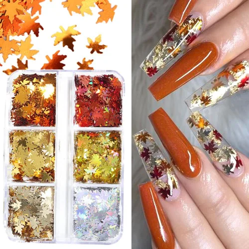 Vista 5 de Juego de manicura con diseño de hojas de arce, con purpurina, holográfica, para otoño, con lentejuelas, para otoño, Acción de Gracias, decoración