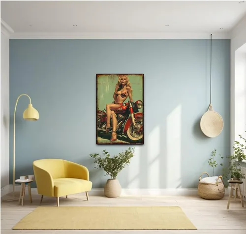 Vista 3 de Letreros de estaño de chica sexy en una motocicleta, decoración de pared de arte clásico retro – Garaje/habitación/granja, pintura de estaño