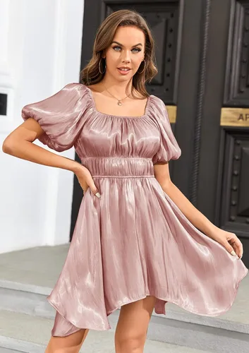 Vista 7 de Bigyonger Vestidos de verano para mujer, manga abombada, cuello cuadrado, hombros descubiertos, fluidos, escalonados, estilo bohemio, casual, mini