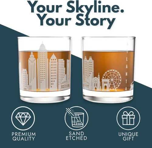 Vista 5 de Greenline Goods – Vasos de whisky con el horizonte de Atlanta, GA (juego de 2), 284ml – Vasos de roca/estilo antiguo