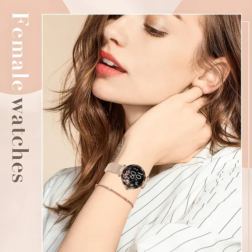 Vista 5 de Reloj inteligente para mujer Android/iOS, IP68, impermeable, con llamadas Bluetooth, recordatorio menstrual femenino (2 correas doradas)
