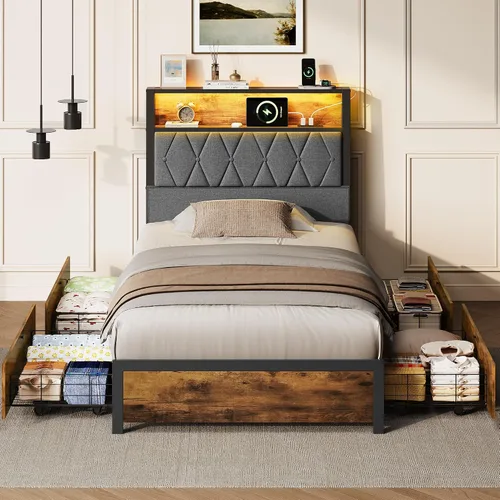 Vista 5 de WLIVE Base de cama individual con 4 cajones de almacenamiento, marco de cama tapizado con cabecero, cama de plataforma con luces LED y estación