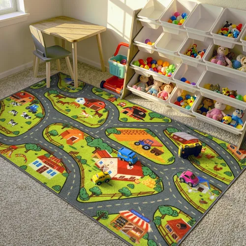 Vista 12 de STARUIA Alfombra de juego para niños, 60 x 32 pulgadas, ultra antideslizante, alfombra educativa para niños, alfombra de coche lavable