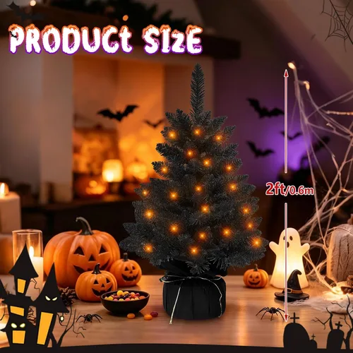 Vista 5 de Árbol de Halloween negro de 2 pies con luces, 50 LED multicolor preiluminado, mini árbol de Navidad artificial morado, árbol de Halloween