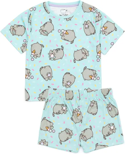 Vista 4 de Pusheen Conjunto de pijama para niñas de 2 unidades Camiseta de manga corta azul y rosa para niños y pantalones cortos Lindo pijama de gato