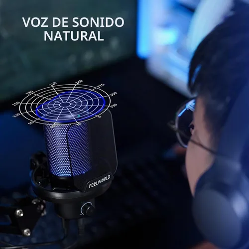Vista 6 de FEELWORLD VM1 Micrófono USB para PC de juegos Micrófono condensador con cancelación de ruido Silencio Luz RGB, accesorios de computadora Regalos